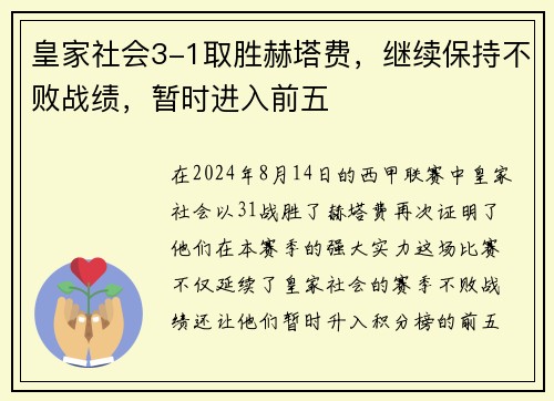 皇家社会3-1取胜赫塔费，继续保持不败战绩，暂时进入前五